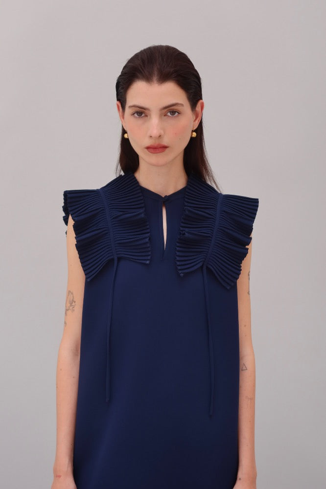 VESTIDO HOMBROS PLISADOS AZUL