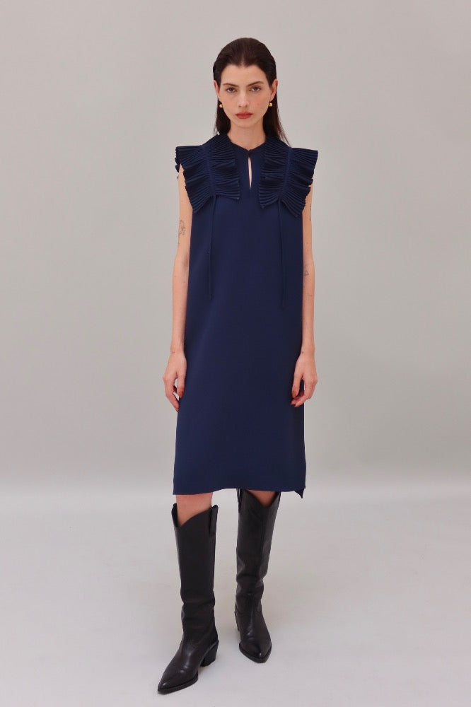 VESTIDO HOMBROS PLISADOS AZUL
