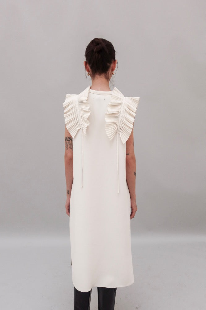 VESTIDO HOMBROS PLISADOS OFF WHITE