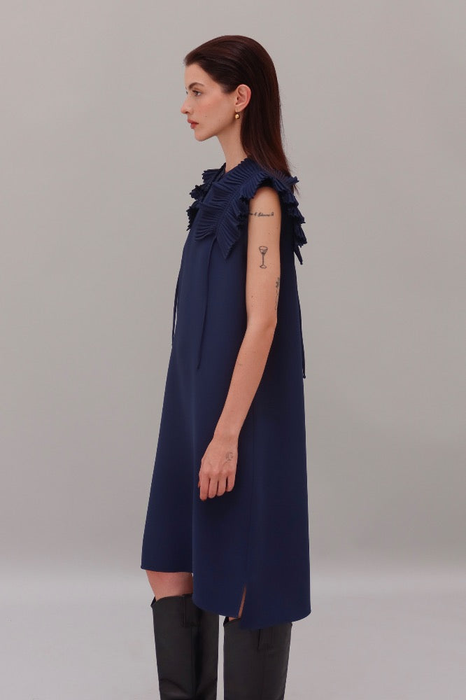 VESTIDO HOMBROS PLISADOS AZUL