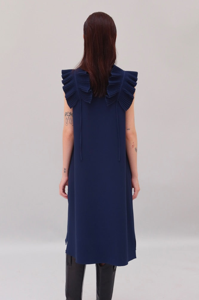 VESTIDO HOMBROS PLISADOS AZUL